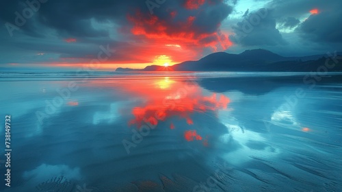 a large body of water with a sky filled with clouds and a sun setting in the middle of the sky.