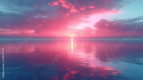 a large body of water under a cloudy sky with a bright pink sun in the middle of the middle of the ocean.