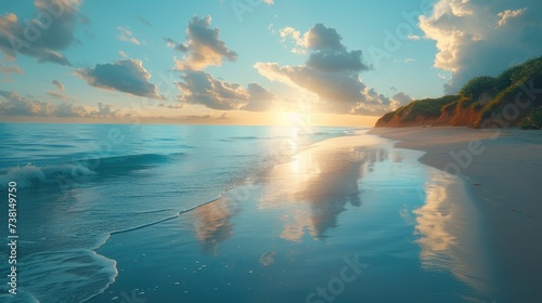 a painting of a beach at sunset with the sun reflecting off the water and clouds in the sky over the water.