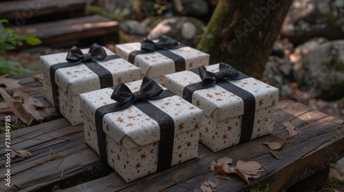 four white gift boxes with black bows are sitting on a wooden table in the middle of a wooded area with a tree in the background. photo