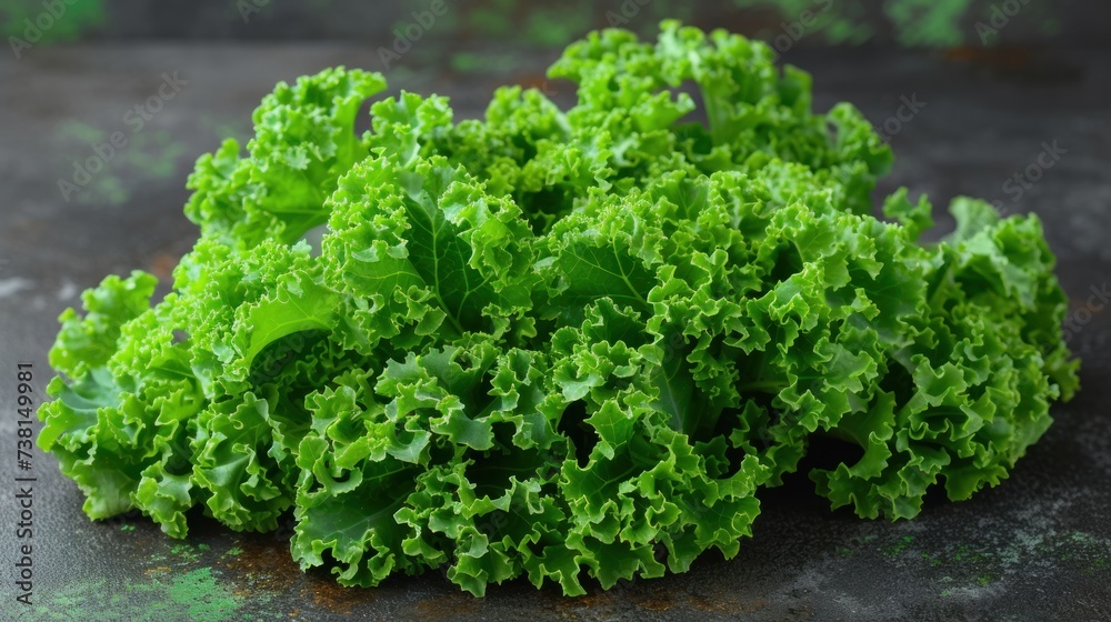 a pile of green lettuce sitting on top of a black counter top next to a green leafy plant. a pile of green lettuce sitting on top of a black counter top next to a green leafy plant.