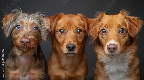 a group of three dogs sitting next to each other in front of a black background with one dog looking at the camera and the other dog looking at the camera.