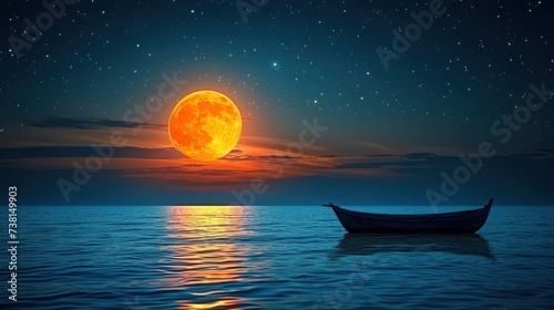 a boat floating on top of a large body of water under a bright orange moon over a body of water.