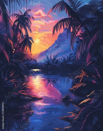 a painting of a sunset with palm trees and a body of water in the foreground and a mountain range in the background.