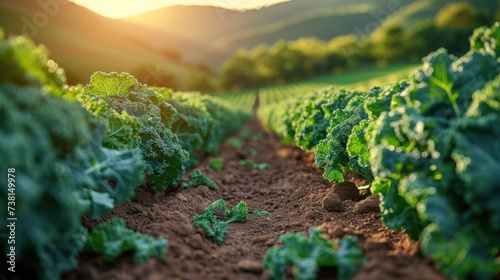 a row of lettuce growing in a field with a sun setting in the distance in the distance, with hills in the background.