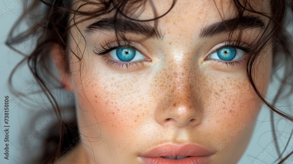 a close up of a woman with freckles on her face and freckles all over her face. a close up of a woman with freckles on her face and freckles all over her face.