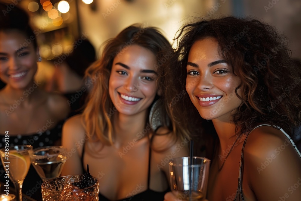 A group of young, joyful friends gathered in a bar, smiling and laughing together while enjoying cocktails, creating a sense of fun and friendship