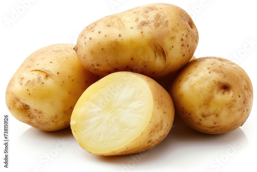 A pile of potatoes is arranged neatly on a plain white background.