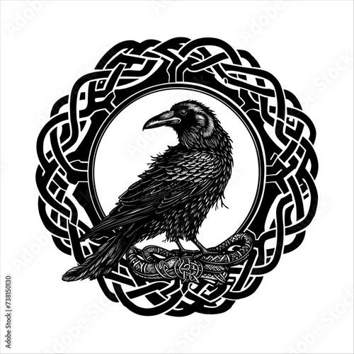 Raven in Celtic style, vector illustration, isolated on a white background.