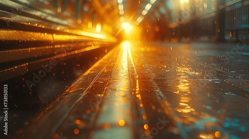 the sun shines brightly through the window of a subway car as it is traveling down the street in the rain.
