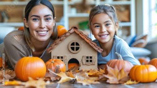 a woman and a little girl are posing in front of a house made out of fake pumpkins and leaves. photo