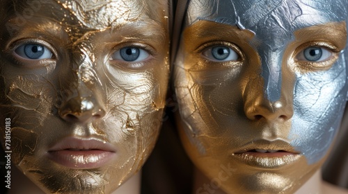 two mannequins with gold and silver paint on their faces, one of them has blue eyes and the other has blue eyes. photo