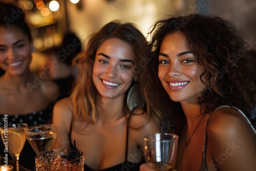 A group of young, joyful friends gathered in a bar, smiling and laughing together while enjoying cocktails, creating a sense of fun and friendship