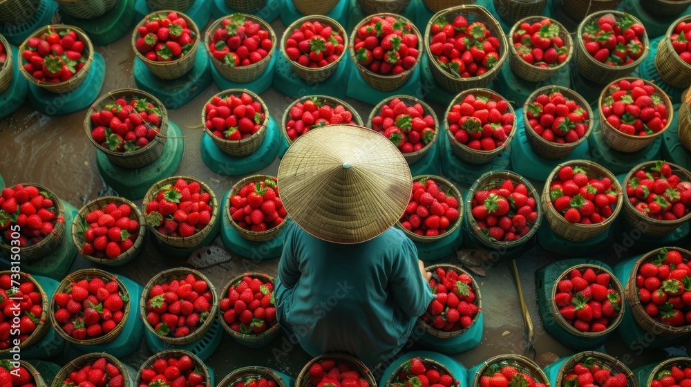 a person with a straw hat standing in front of a bunch of baskets filled with strawberries on the ground.