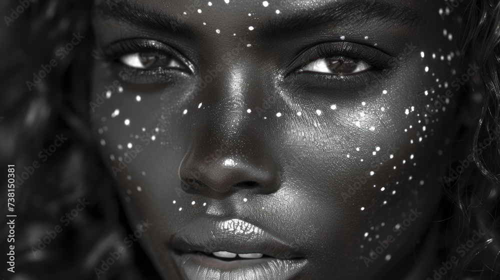 a black and white photo of a woman's face with stars all over her face and on her cheek.