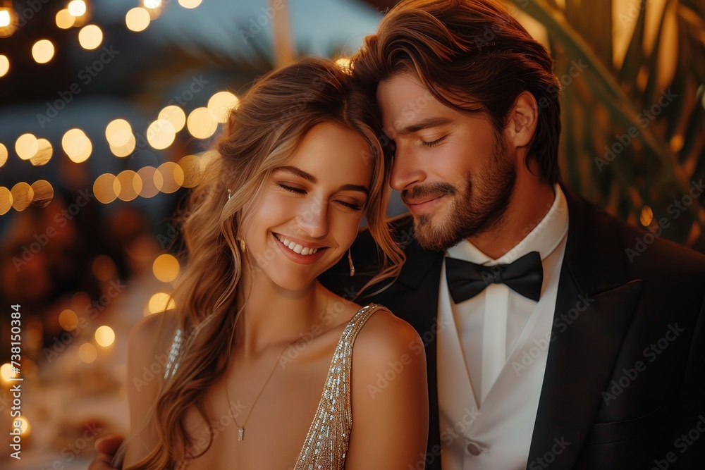 An affectionate couple glowing under the evening lights, radiating love and happiness at a formal occasion An affectionate couple glowing under the evening lights, radiating love and happiness at a formal occasion