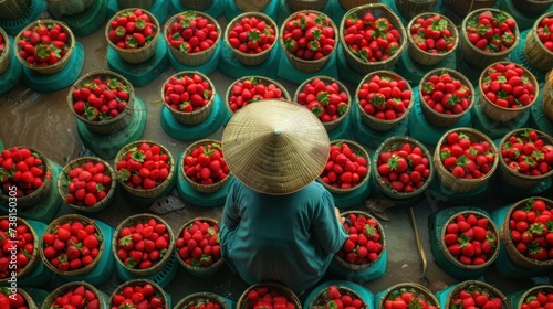a person with a straw hat standing in front of a bunch of baskets filled with strawberries on the ground.