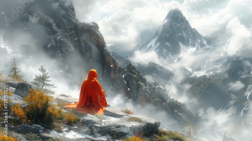 a painting of a monk sitting on top of a mountain looking down at a valley with mountains in the background. photo