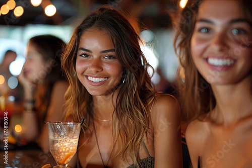 A cheerful young woman with a radiant smile, surrounded by friends enjoying drinks at a bar photo