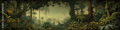 Panoramic watercolor painting of a lush jungle landscape.