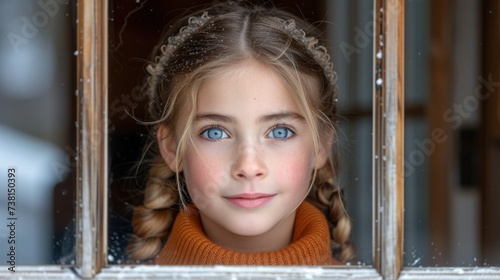 a close up of a child with blue eyes looking out of a window with snow on the window sill. photo