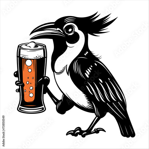 illustration of a raven bird with a glass of beer, generative ai, vector illustration. photo