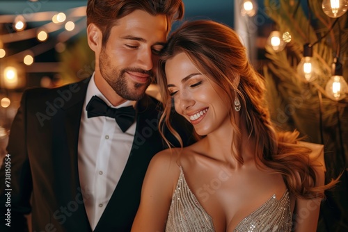 A man in a tuxedo and a woman in a sparkling dress smile at a party with warm lighting