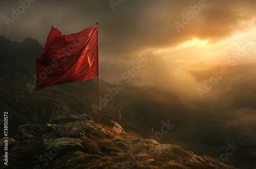 a red flag sticking out of the side of a mountain under a cloudy sky with sun rays coming through the clouds. © Jevjenijs