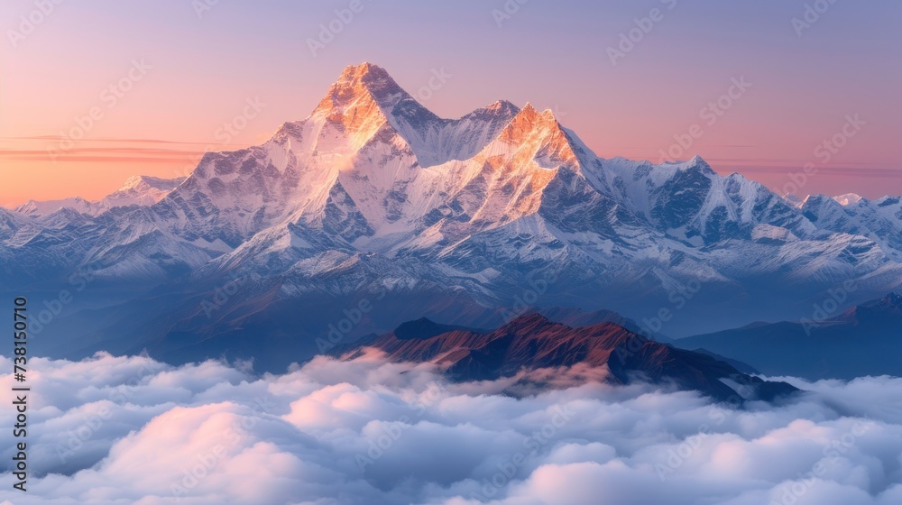 a view of the top of a mountain in the sky with clouds in the foreground and a pink sky in the background.