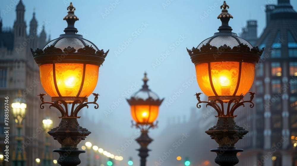 a couple of street lamps sitting next to each other on top of a street light pole in front of a building.