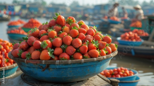 a blue bowl filled with lots of strawberries on top of a wooden table next to a body of water. photo