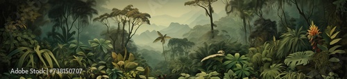 Panoramic watercolor painting of a lush jungle landscape. photo