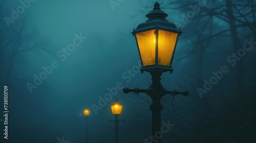 a lamp post in the middle of a foggy night with a street light on the side of the street. © Jevjenijs