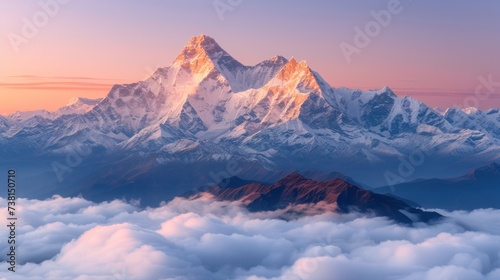 a view of the top of a mountain in the sky with clouds in the foreground and a pink sky in the background. photo