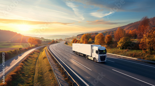 semi-truck is driving on a highway with motion blur, indicating speed, during a sunny autumn day with colorful trees on the side of the road. © MP Studio