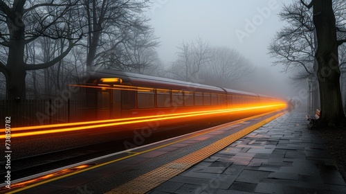 a train traveling through a foggy forest next to a forest filled with trees and a person sitting on a bench. photo