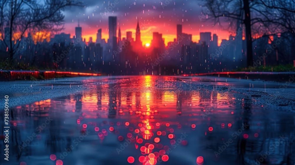 a cityscape is reflected in a puddle of water as the sun sets over a cityscape in the distance.
