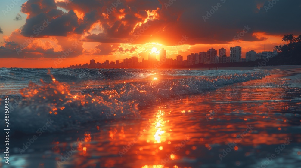 the sun is setting over the ocean with a city skyline in the backgrouund of the ocean and waves crashing in the foreground.