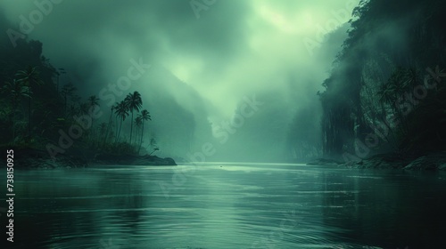 a river in the middle of a forest with a dark sky in the background and palm trees in the foreground.