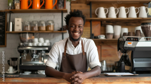 cheerful young man wearing a brown apron stands behind the counter of a cozy coffee shop.