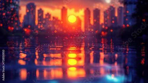 a blurry photo of a city at sunset with the sun reflecting in the water and buildings in the background.