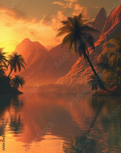 a painting of a sunset with palm trees in the foreground and a mountain range in the background with a body of water in the foreground.
