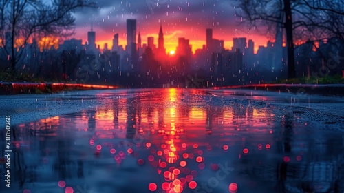 a cityscape is reflected in a puddle of water as the sun sets over a cityscape in the distance.