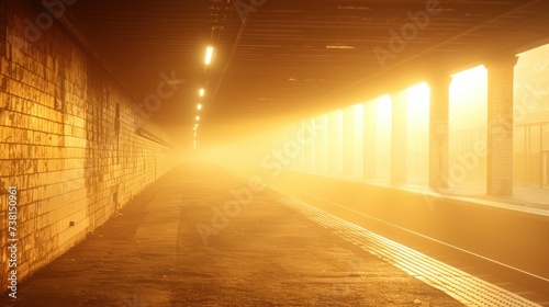 a train traveling down a train track next to a wall with a light at the end of the tunnel and a light at the end of the tunnel.