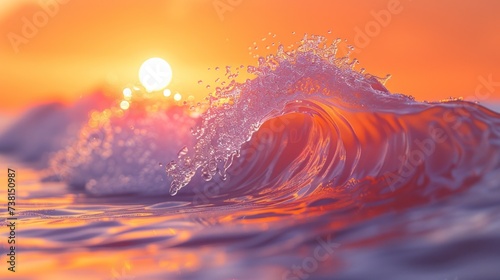 a close up of a wave in the ocean with the sun setting in the background and the water in the foreground.