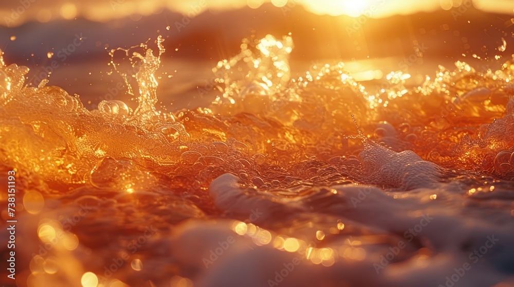 a close up of water and sand with a bright sun in the background and a blurry image of the water.