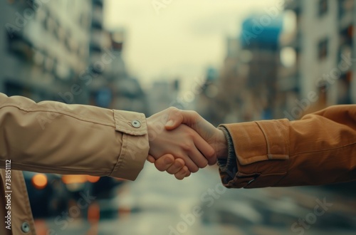 a close up of two people shaking hands on a city street with buildings in the background and a person holding the hand of another person's hand. photo