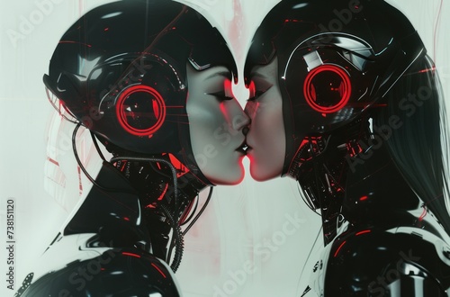 a woman with headphones kissing a man in front of a wall with a red light coming out of her face. photo