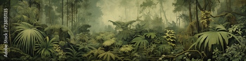 Dark jungle landscape in watercolor style.