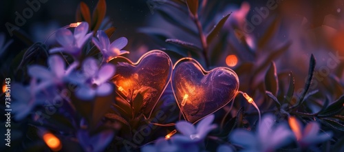 a couple of heart shaped lights sitting on top of a lush green leaf covered field of purple and white flowers. photo